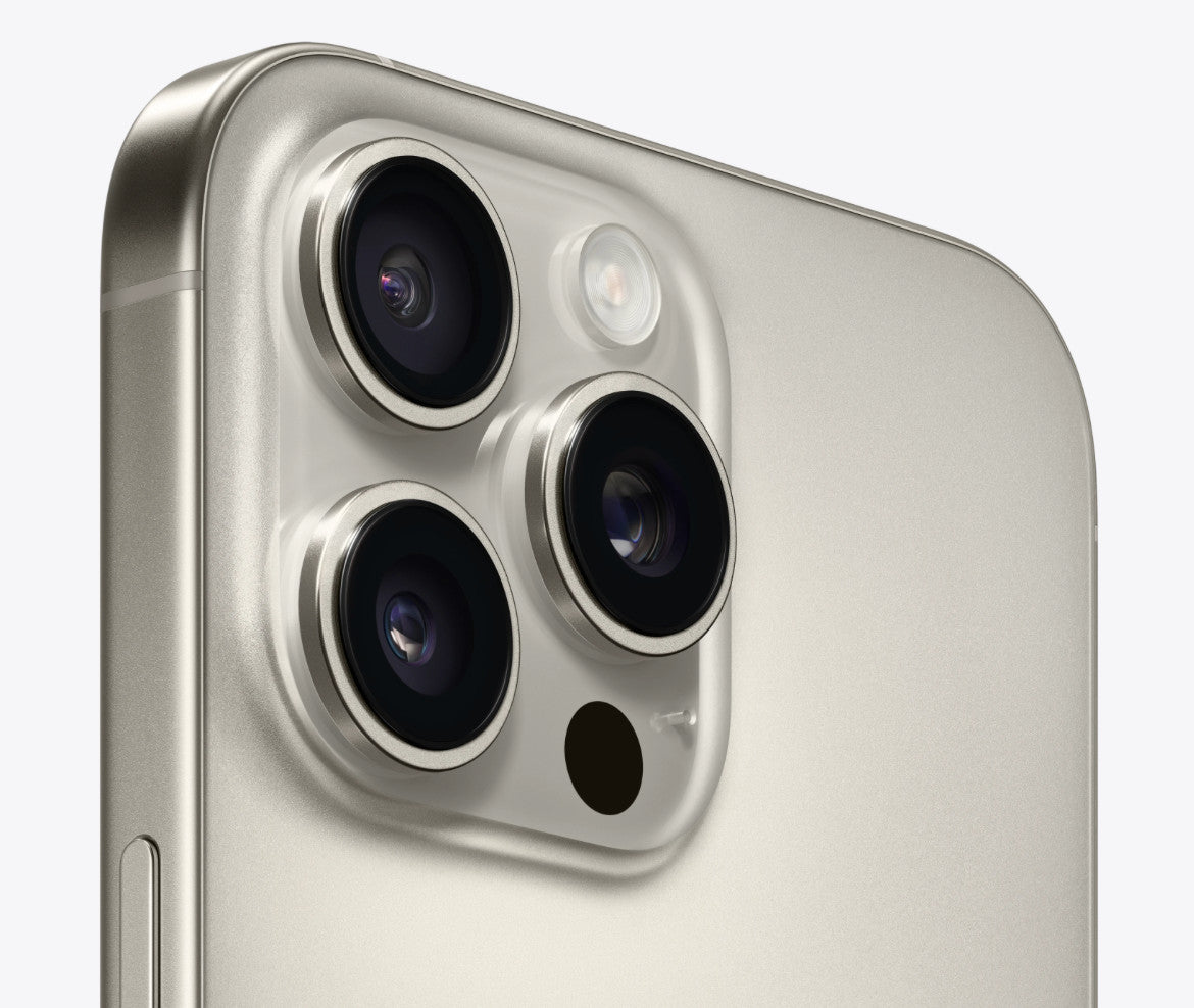 Silver Apple iPhone 16 Pro showing close-up of triple rear camera system and side button in good condition