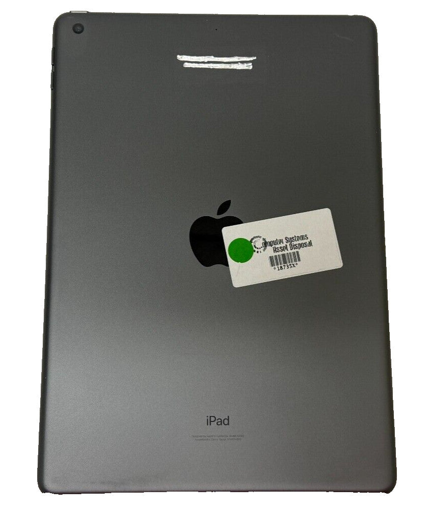 Space Gray Apple iPad 9th Gen 10.2 inch showing rear with Apple logo and asset disposal sticker
