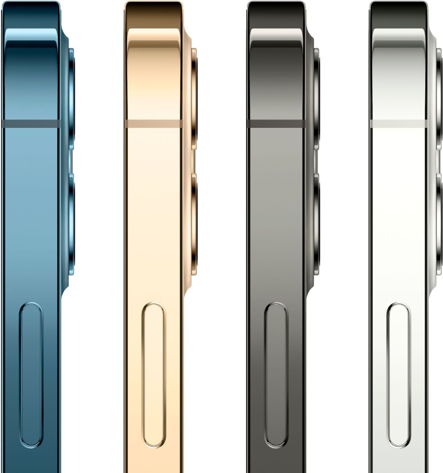 Side view of Apple iPhone 12 Pro in blue, gold, graphite, and silver showing camera bumps and flat edges