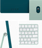 Close-up shots of Apple iMac 2021 M1 chip in blue-green with keyboard and rear ports on white background
