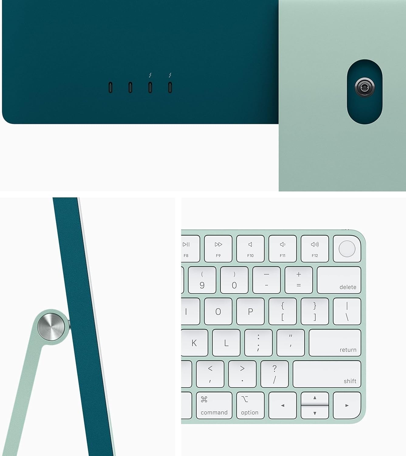 Close-up shots of Apple iMac 2021 M1 chip in blue-green with keyboard and rear ports on white background