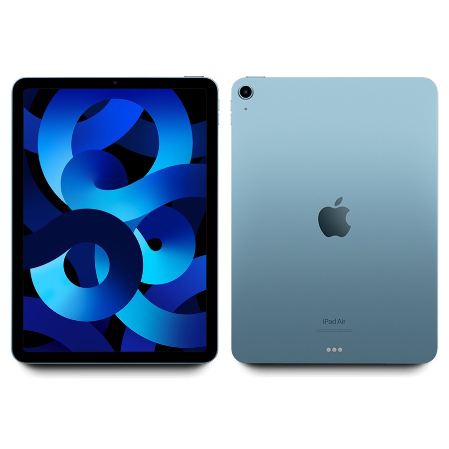 Blue 2022 Apple iPad Air 5th Gen 10.9-inch WiFi only showing front and back with Apple logo and camera