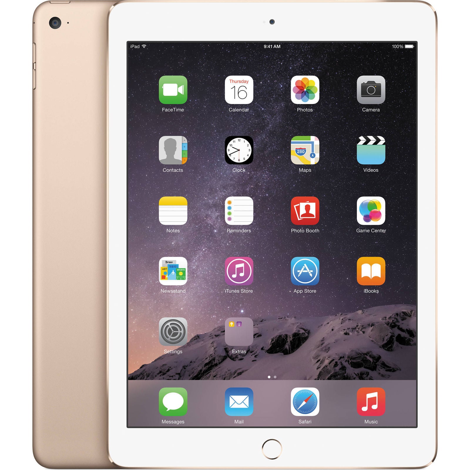 Apple iPad Air 2 9.7-inch tablet in gold showing front screen and rear camera, 16GB to 128GB storage, Grade C condition