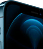 Close-up of blue Apple iPhone 12 Pro front corner showing edge buttons and screen with dark abstract wallpaper.