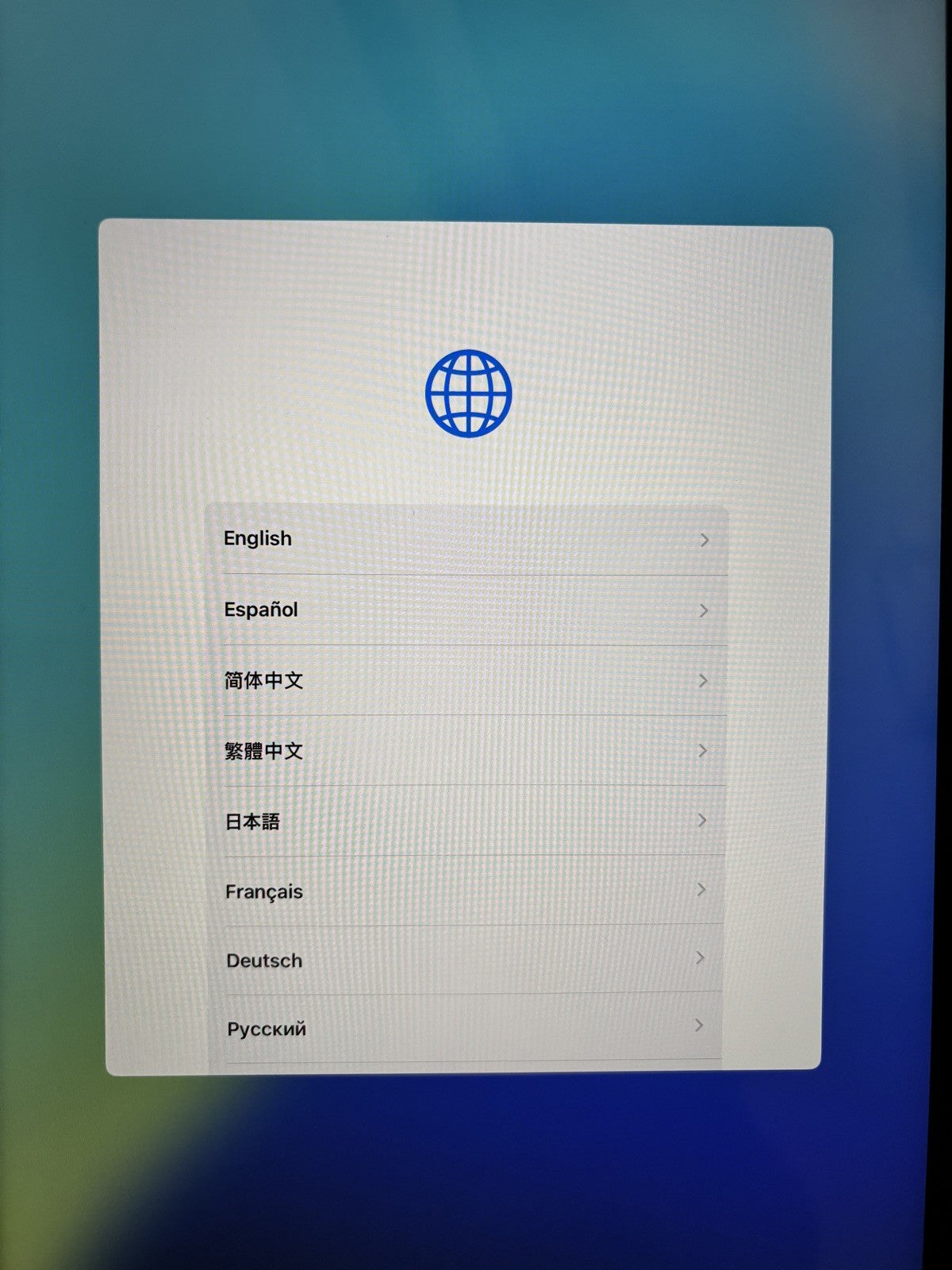 Apple iPad 10th Gen 10.9-inch showing language selection screen in blue model excellent condition free shipping