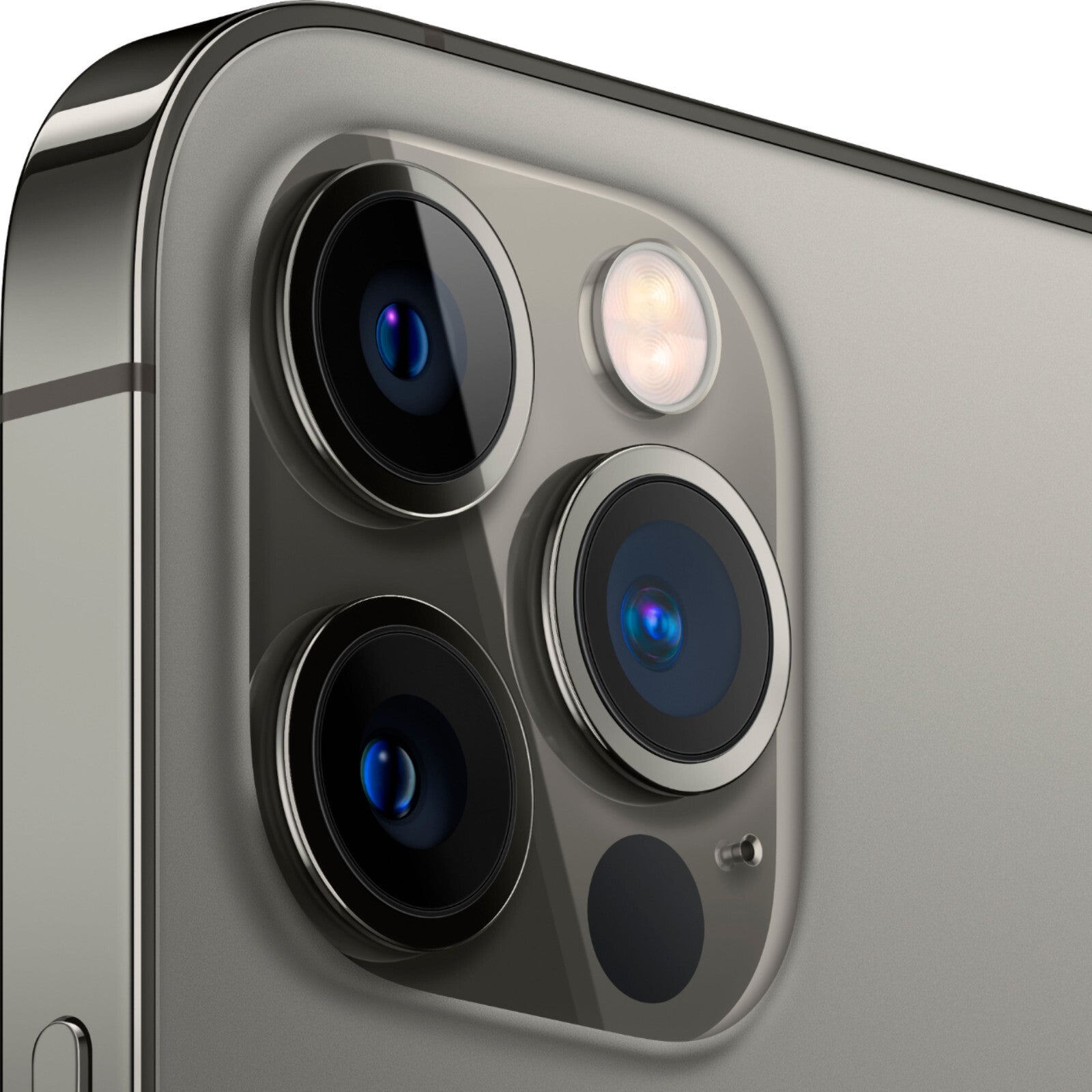 Close-up of Apple iPhone 12 Pro rear triple camera system and flash showing sleek graphite finish in great condition