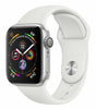 Apple Watch Series 4 44mm Silver case with white silicone band showing active colorful display and side button