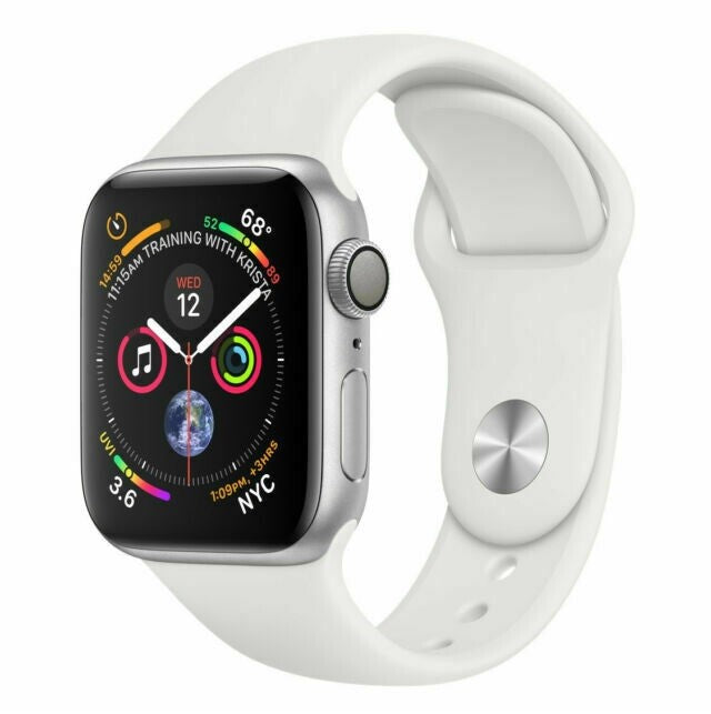 Apple Watch Series 4 44mm Silver case with white silicone band showing active colorful display and side button