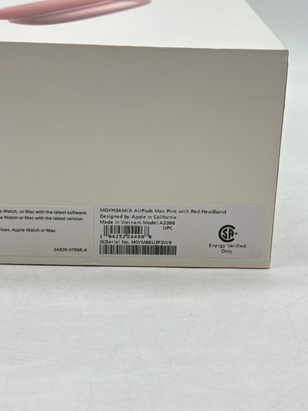 Apple AirPods Max Lightning A2096 pink over-ear headphones box corner showing label and barcode details