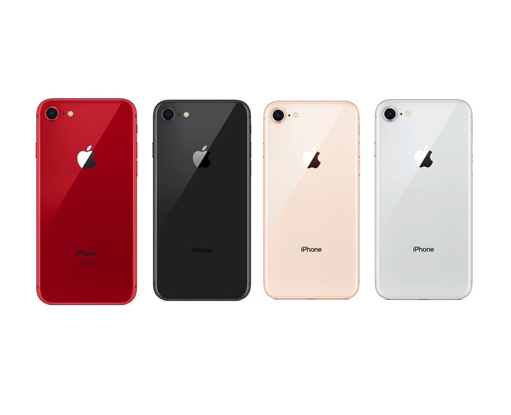 Four Apple iPhone 8 Plus smartphones in red, black, gold, and silver colors shown from the back
