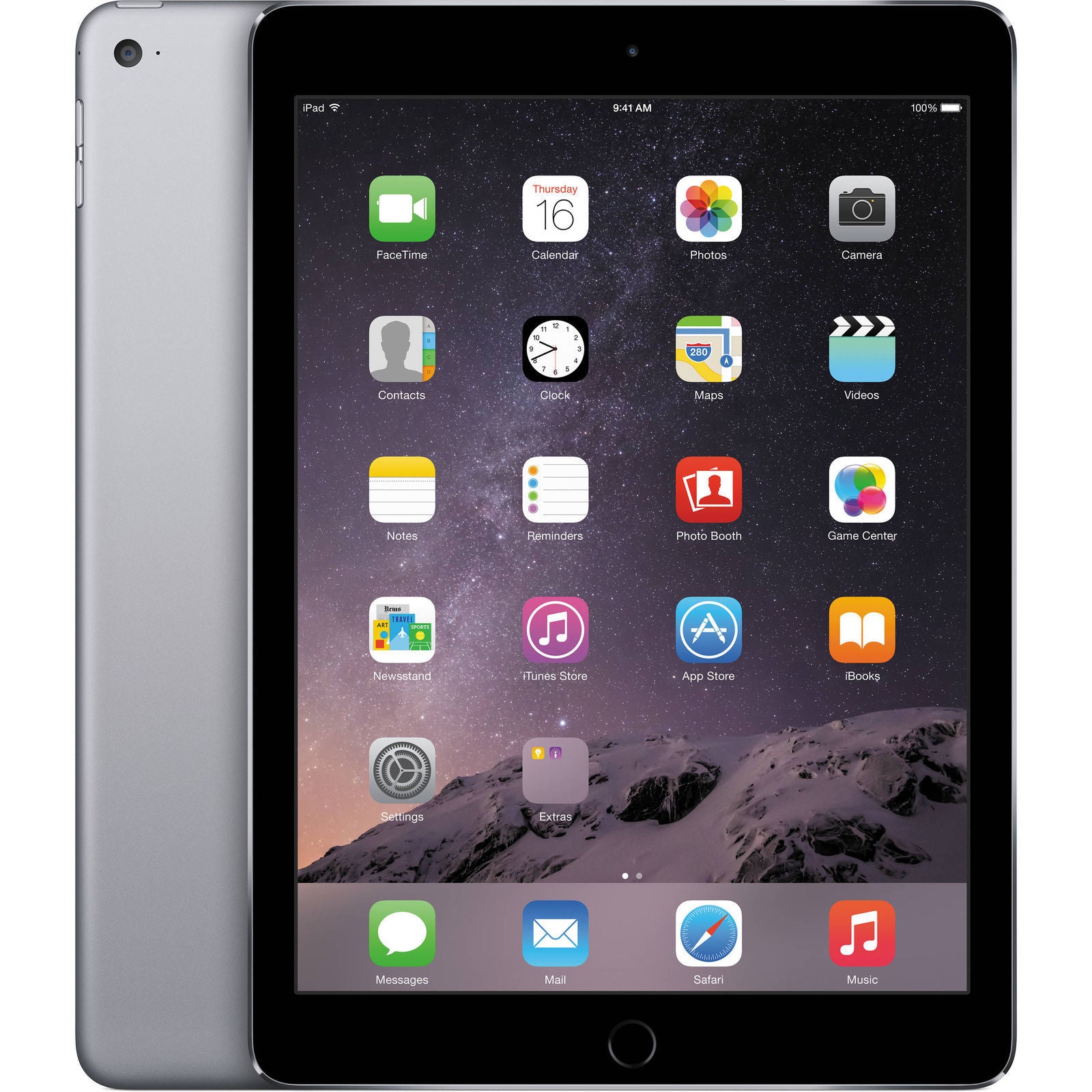 Apple iPad Air 2 9.7-inch tablet in space gray showing front app screen and rear metal back Grade C condition