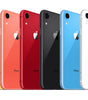 Apple iPhone XR in multiple colors including yellow, coral, red, black, blue, and white shown from the back side