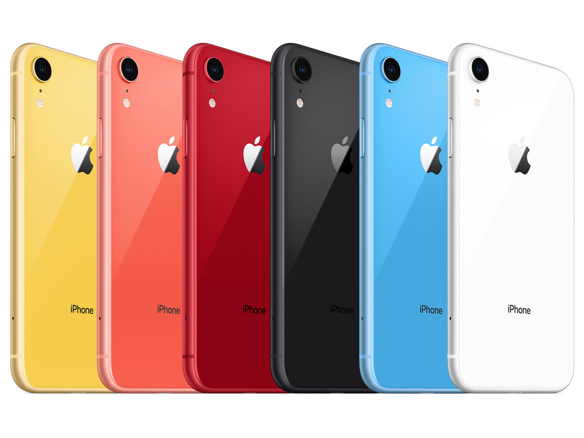 Apple iPhone XR in multiple colors including yellow, coral, red, black, blue, and white shown from the back side
