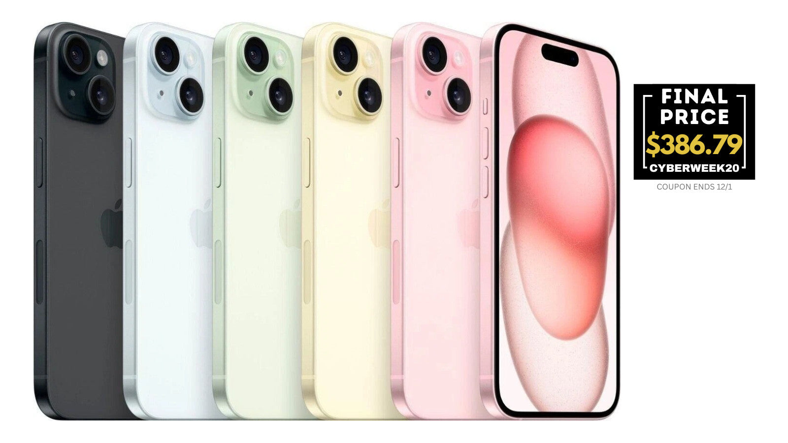 Apple iPhone 15 A2846 in multiple colors showing front and rear view with dual cameras and 256GB storage, unlocked condition
