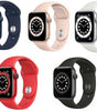 Apple Watch Series 6 models in blue, pink, white, red, and black with silicone bands, showing front screen and side buttons
