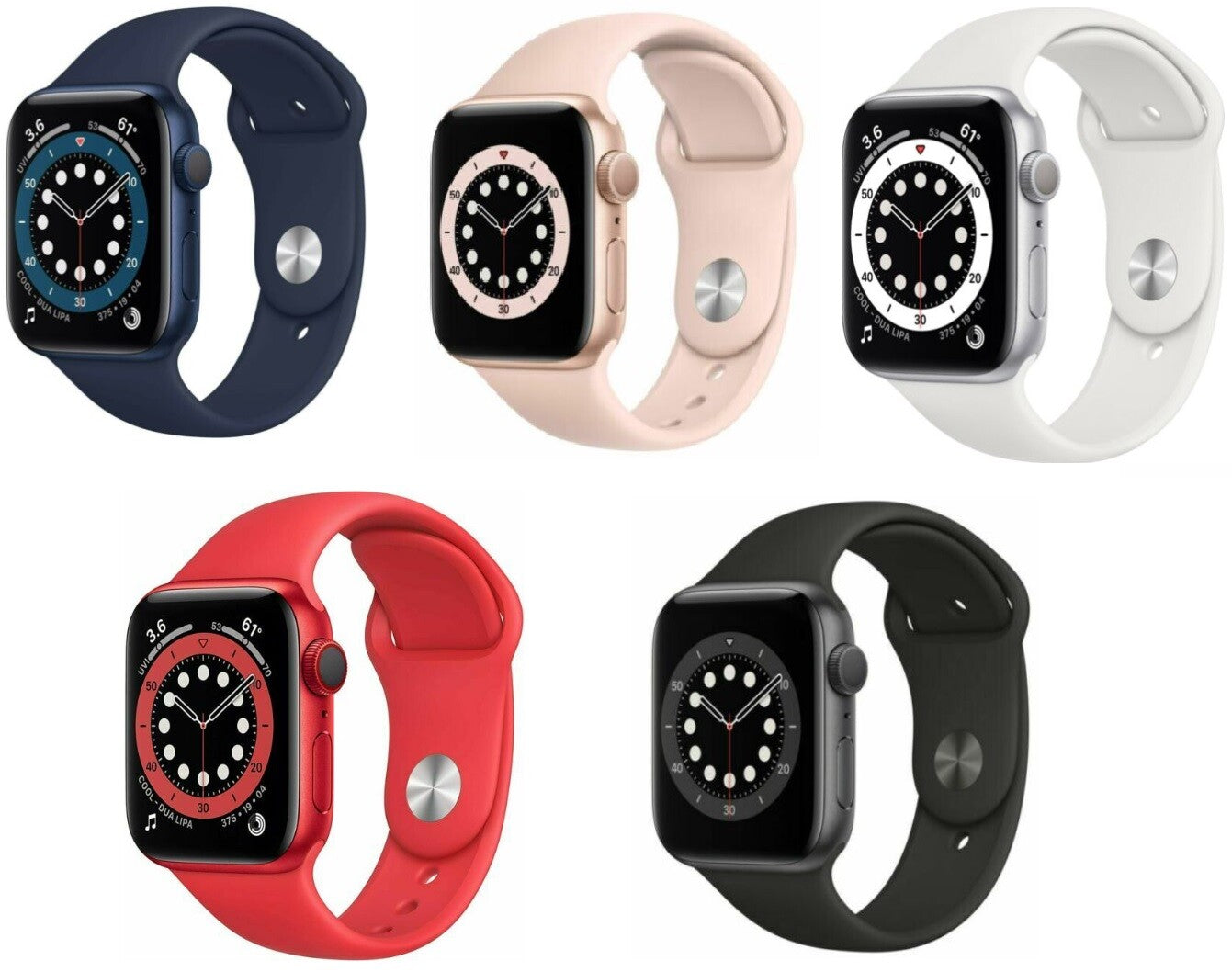 Apple Watch Series 6 models in blue, pink, white, red, and black with silicone bands, showing front screen and side buttons