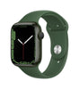 Apple Watch Series 7 in green with 41mm case, silicone band, showing front screen and side button detail