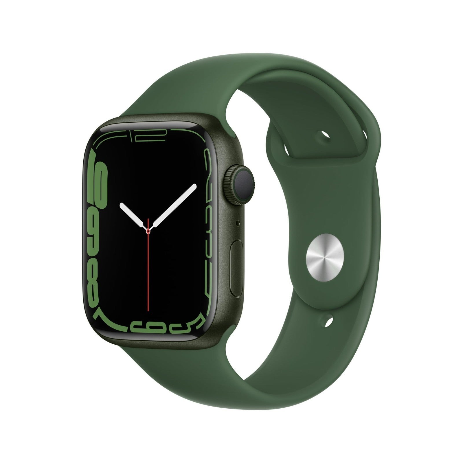 Apple Watch Series 7 in green with 41mm case, silicone band, showing front screen and side button detail