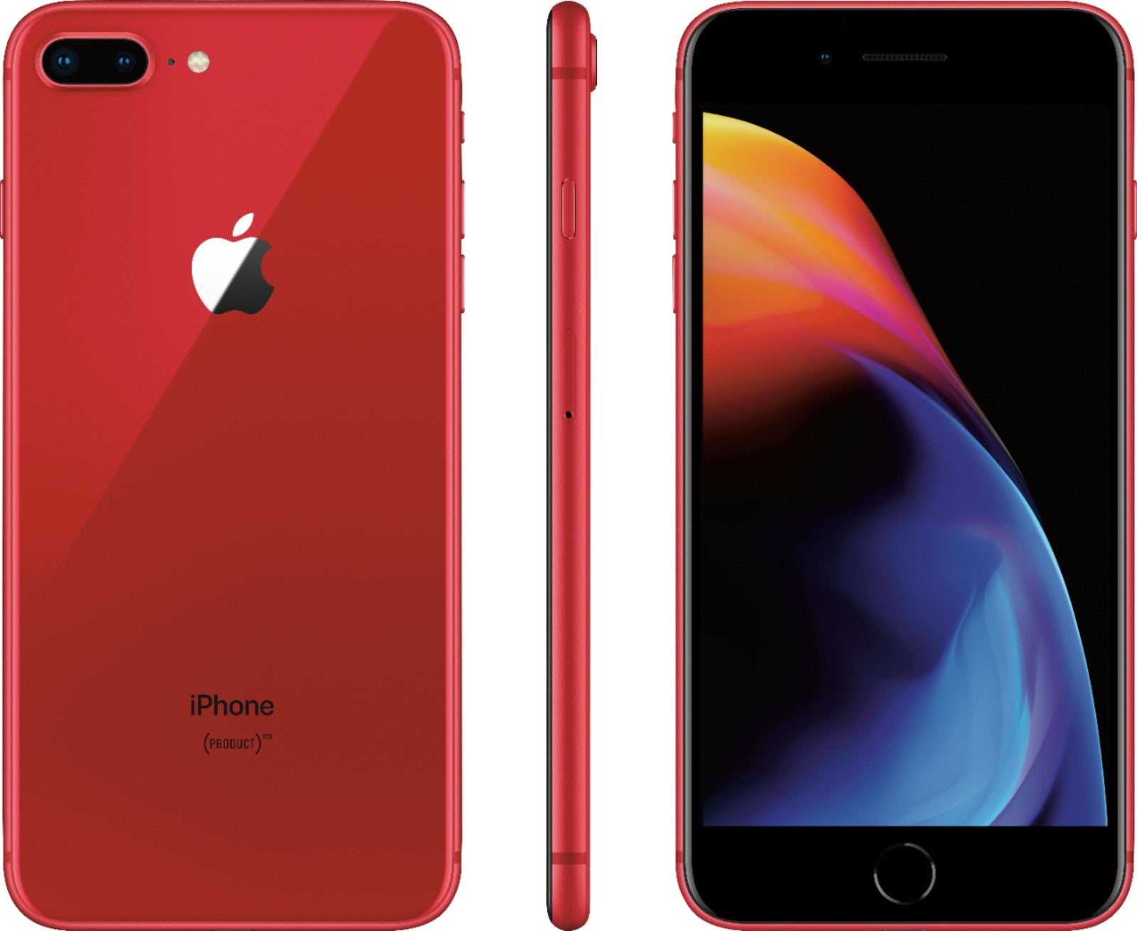 Red Apple iPhone 8 Plus smartphone showing front, side, and back view with 128GB storage capacity unlocked model