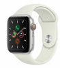 Apple Watch Series 5 44mm silver case with white silicone band showing active watch face and side button details