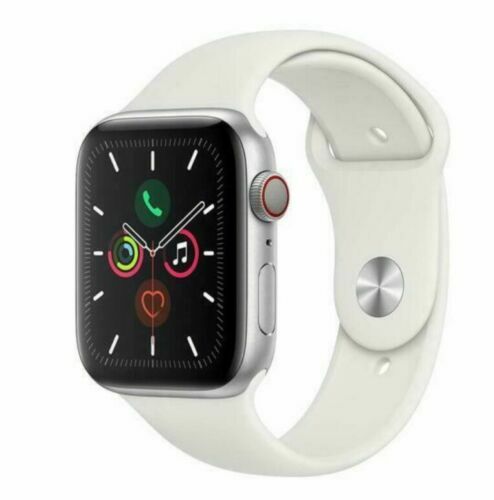 Apple Watch Series 5 44mm silver case with white silicone band showing active watch face and side button details