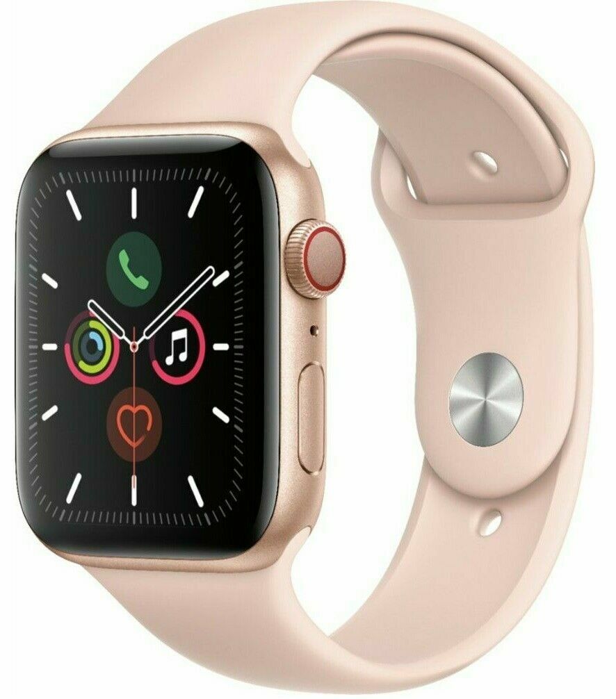 Apple Watch Series 5 40mm Rose Gold case with pink silicone band showing active watch face and side buttons