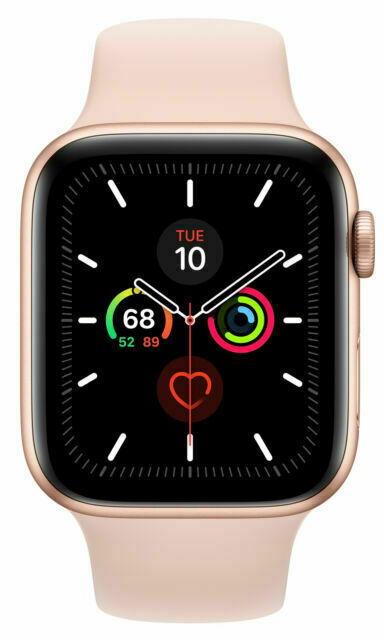 Apple Watch Series 5 40mm Rose Gold case with pink silicone band showing activity and heart rate on screen