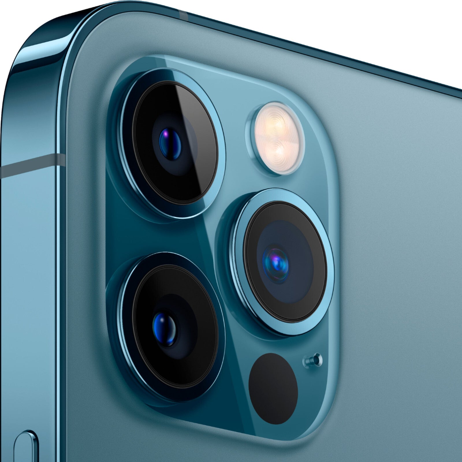 Close-up of Apple iPhone 12 Pro in blue showing triple rear cameras and flash in great condition unlocked model.