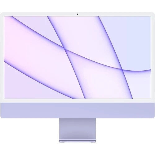 Front view of 24-inch Apple iMac 2021 with M1 chip in purple color showing screen and stand