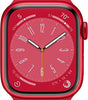 Apple Watch Series 8 45mm in red aluminum case with matching red silicone band showing analog watch face display