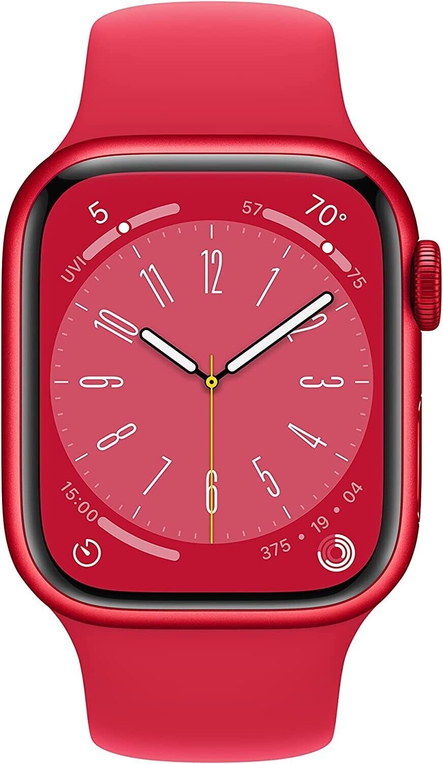 Apple Watch Series 8 45mm in red aluminum case with matching red silicone band showing analog watch face display