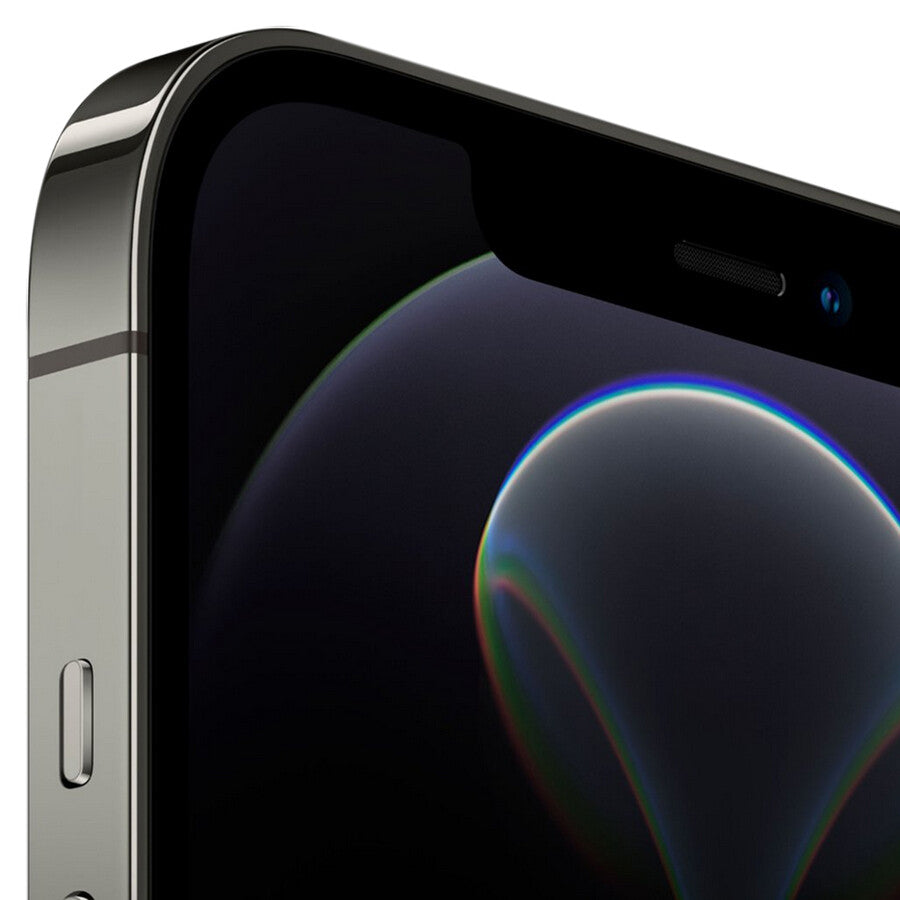 Close-up of 2020 Apple iPhone 12 Pro Max Graphite showing top front display and side button, 6.7-inch unlocked model A2342