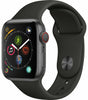 Apple Watch Series 4 44mm Space Gray with black silicone band, cellular model showing side and front display view