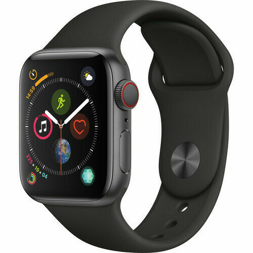 Apple Watch Series 4 44mm Space Gray with black silicone band, cellular model showing side and front display view