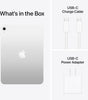 Silver 11-inch iPad 11th Gen back view with USB-C charge cable and USB-C power adapter included in the box