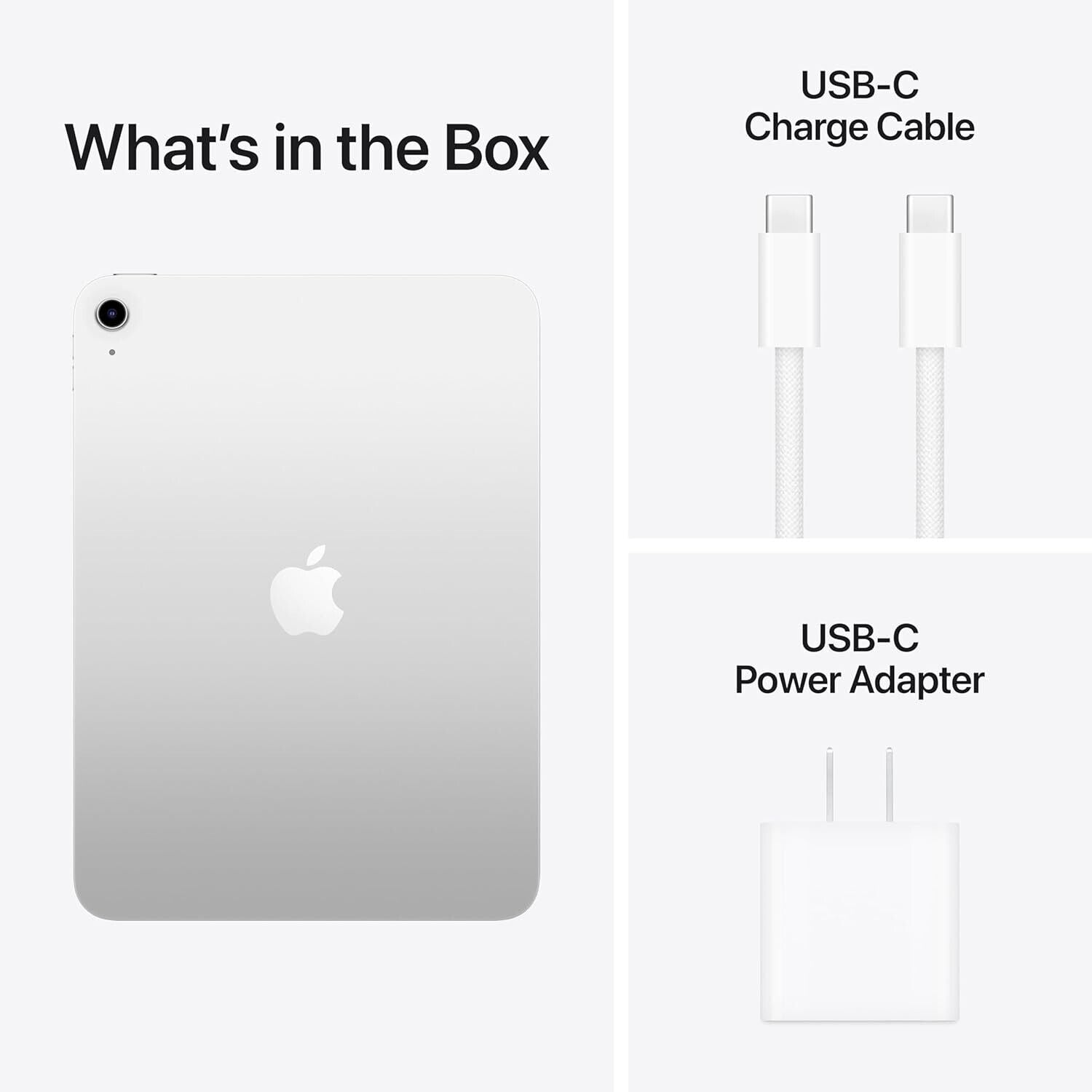 Silver 11-inch iPad 11th Gen back view with USB-C charge cable and USB-C power adapter included in the box