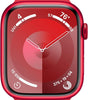 Apple Watch Series 9 45mm red aluminum case with red silicone band showing watch face and side button