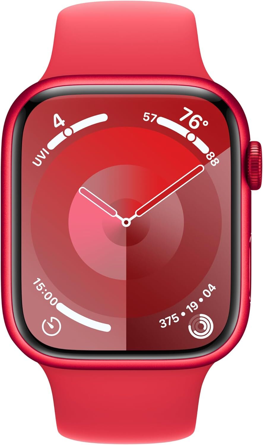 Apple Watch Series 9 45mm red aluminum case with red silicone band showing watch face and side button