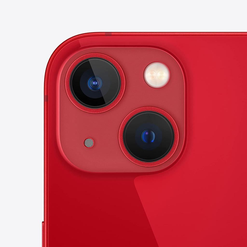 Close-up of red Apple iPhone 13 camera module showing dual lenses and flash in excellent condition unlocked model