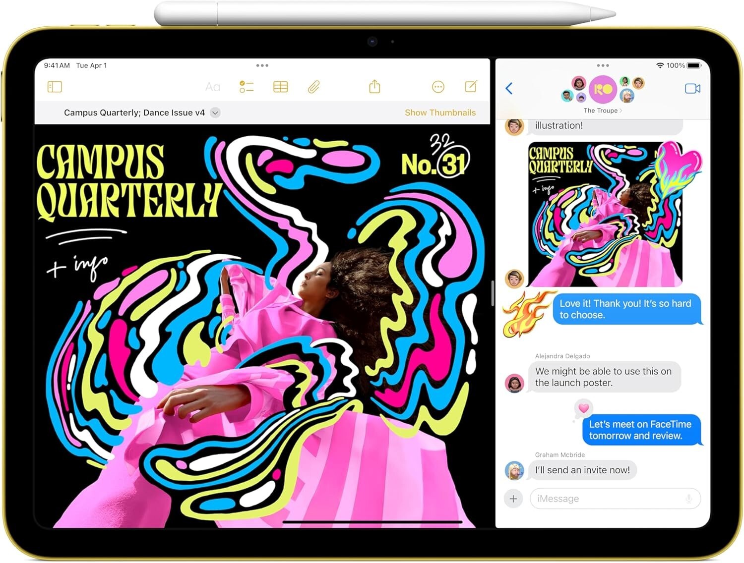 New 2025 iPad 11-inch with Apple Pencil showing colorful artwork on screen and messaging app conversation