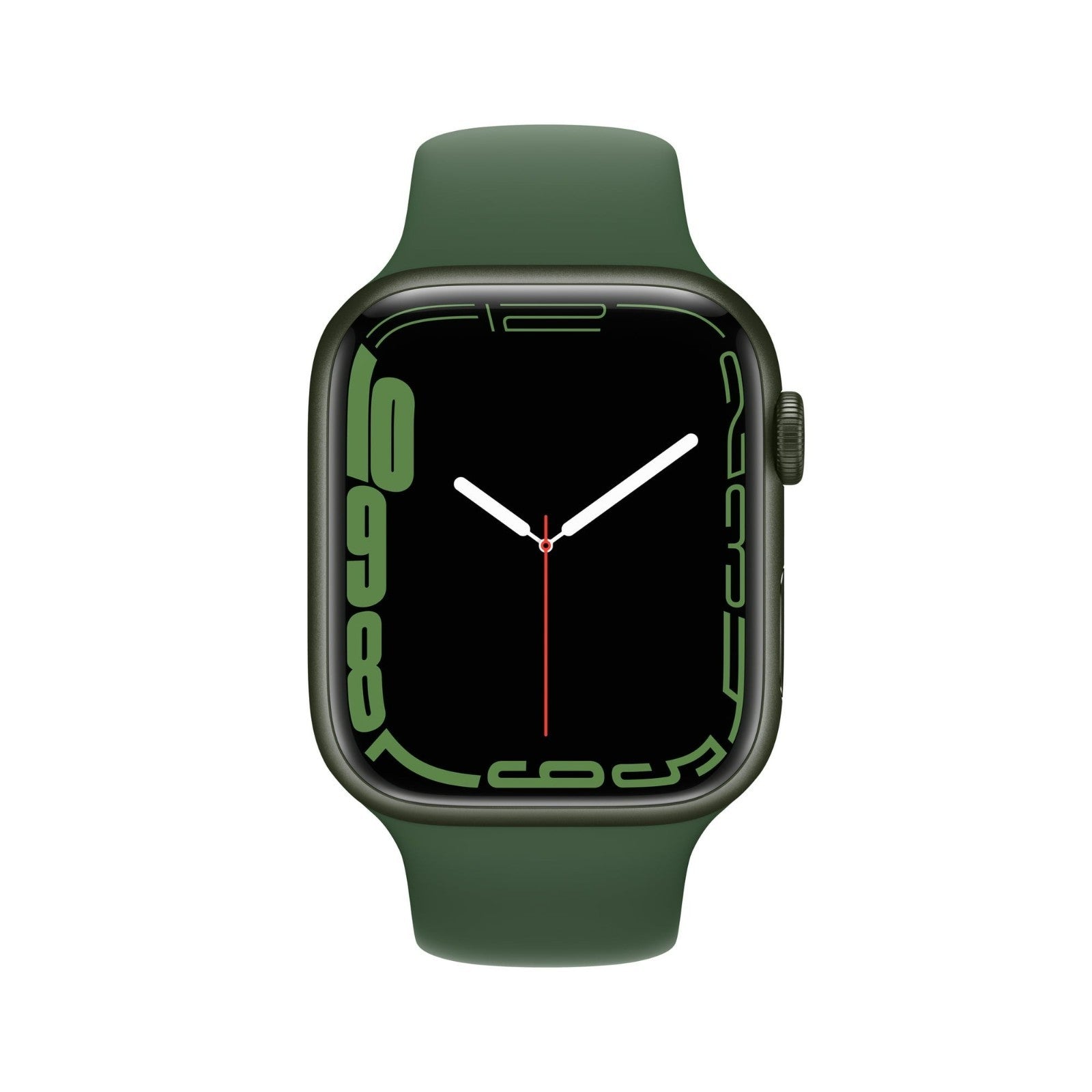 Apple Watch Series 7 45mm in green with silicone band showing full screen and slim bezel design very good condition