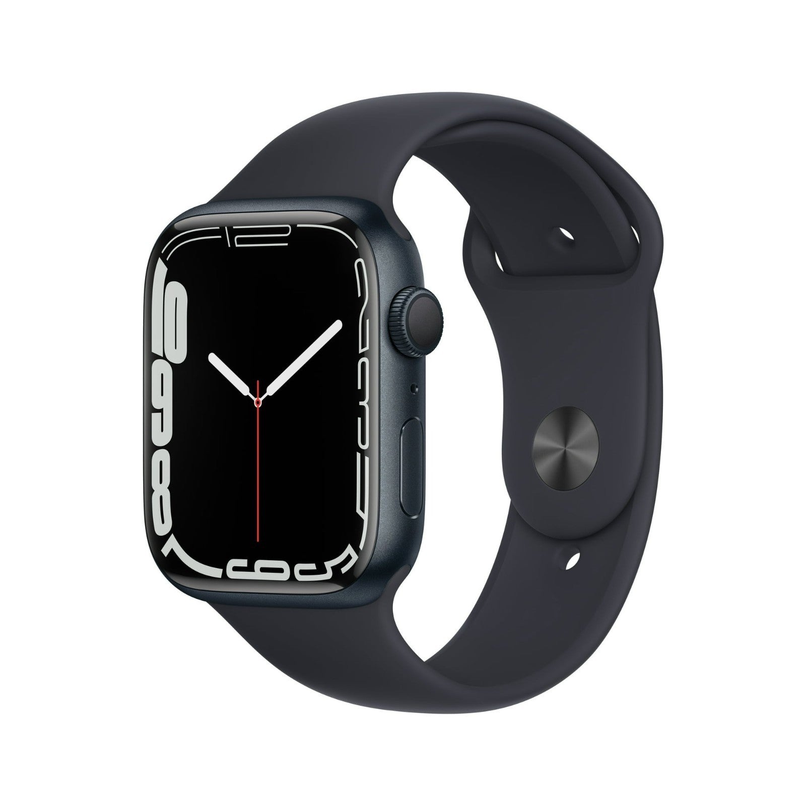 Apple Watch Series 7 in black silicone band showing 41mm case with rounded edges and digital crown side view