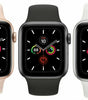 Apple Watch Series 5 showing 40mm and 44mm sizes in pink gold, space gray, and silver with black, pink, white bands