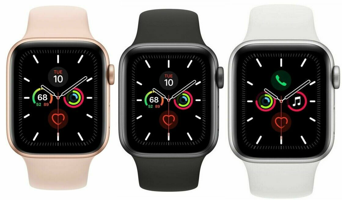 Apple Watch Series 5 showing 40mm and 44mm sizes in pink gold, space gray, and silver with black, pink, white bands