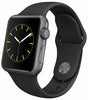 Apple Watch Series 1 42mm space gray aluminum case with black rubber band showing side and front display view