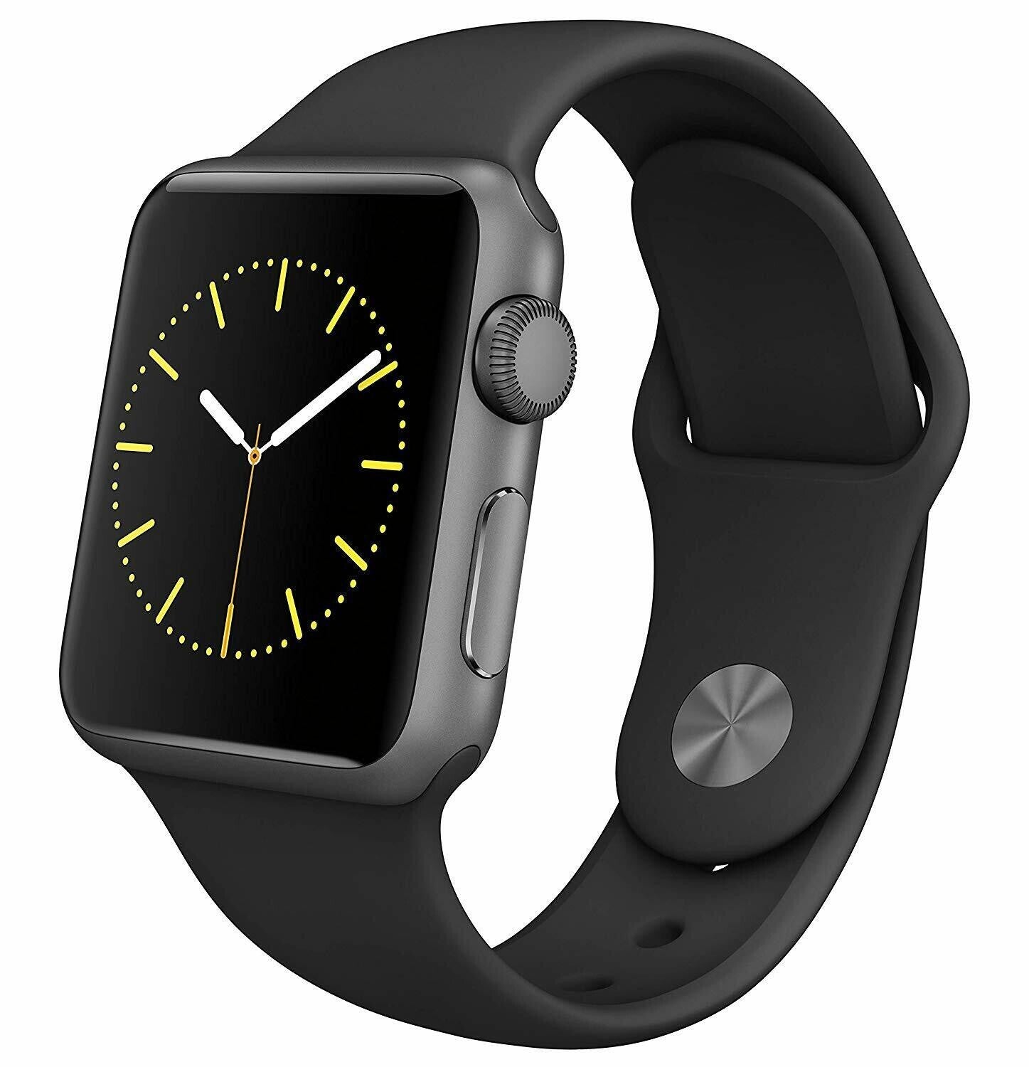 Apple Watch Series 1 42mm space gray aluminum case with black rubber band showing side and front display view
