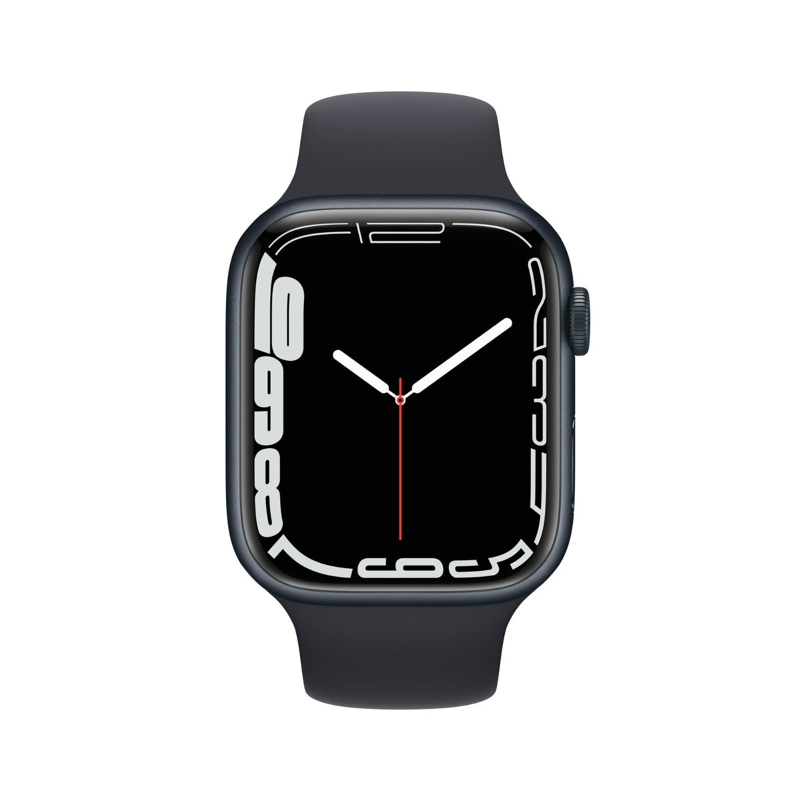 Apple Watch Series 7 41mm in black with silicone band showing front screen and digital clock face, very good condition