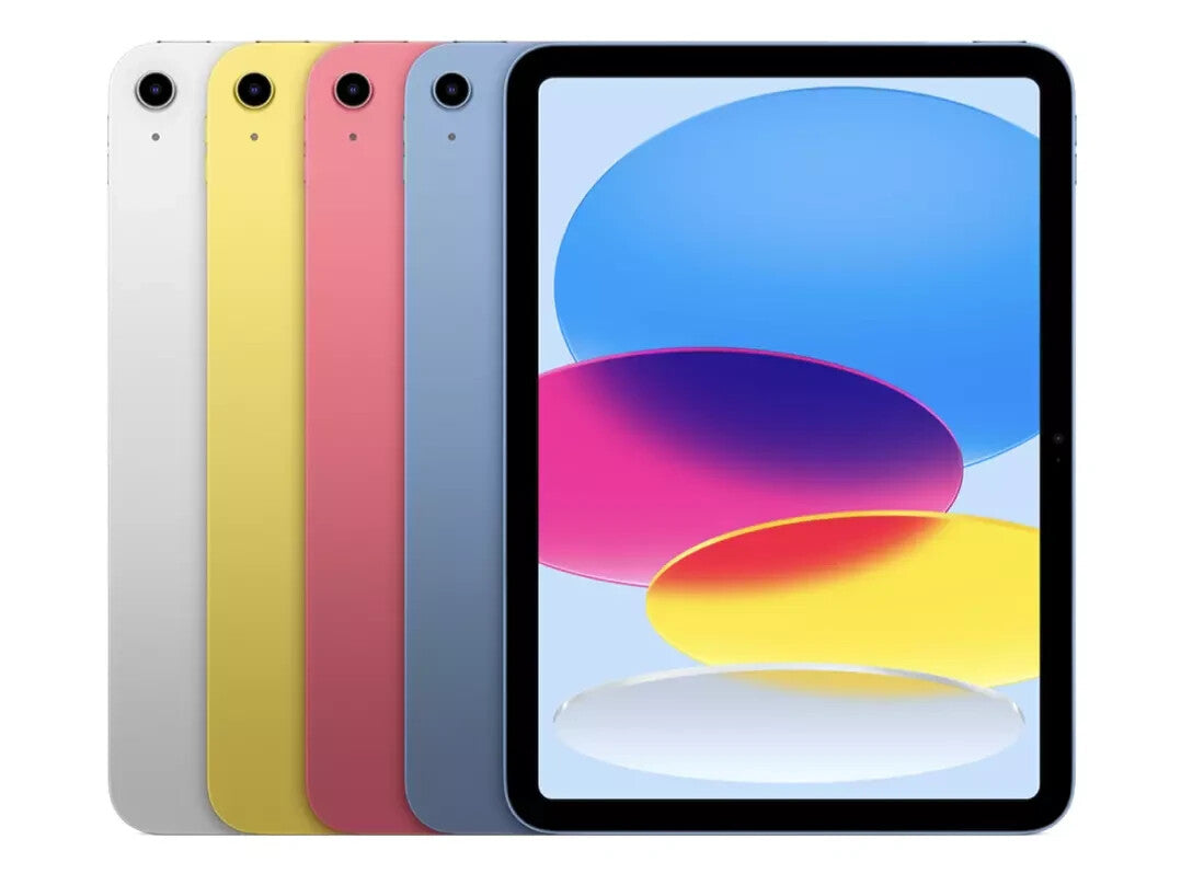 2025 iPad 11-inch 11th Gen displaying front screen and back in blue, pink, yellow, silver, and white colors